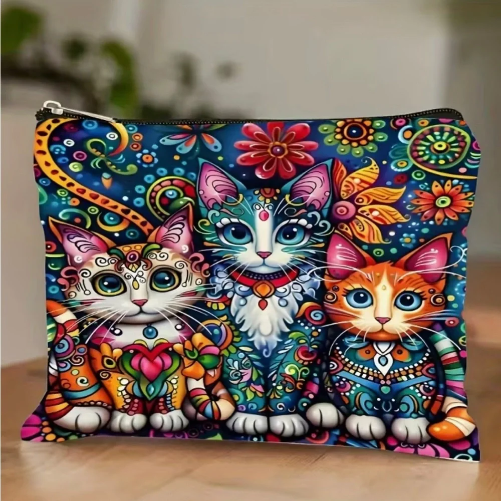 Henna Painted Cat Print Zipper Cosmetic Pouch